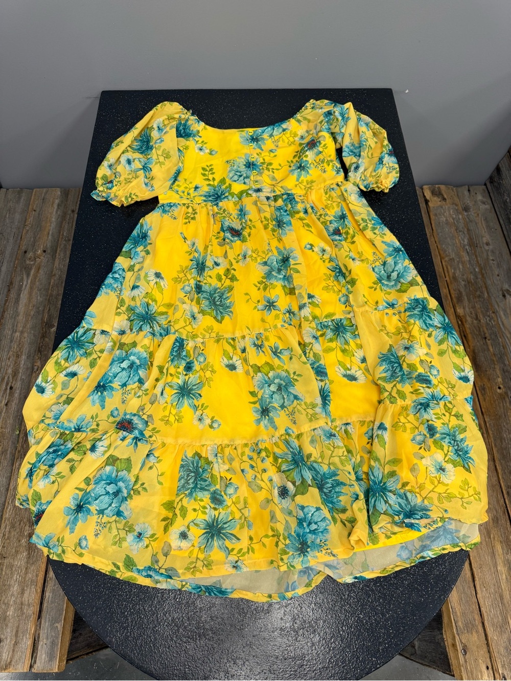 Yellow Floral Puff-Sleeve Dress